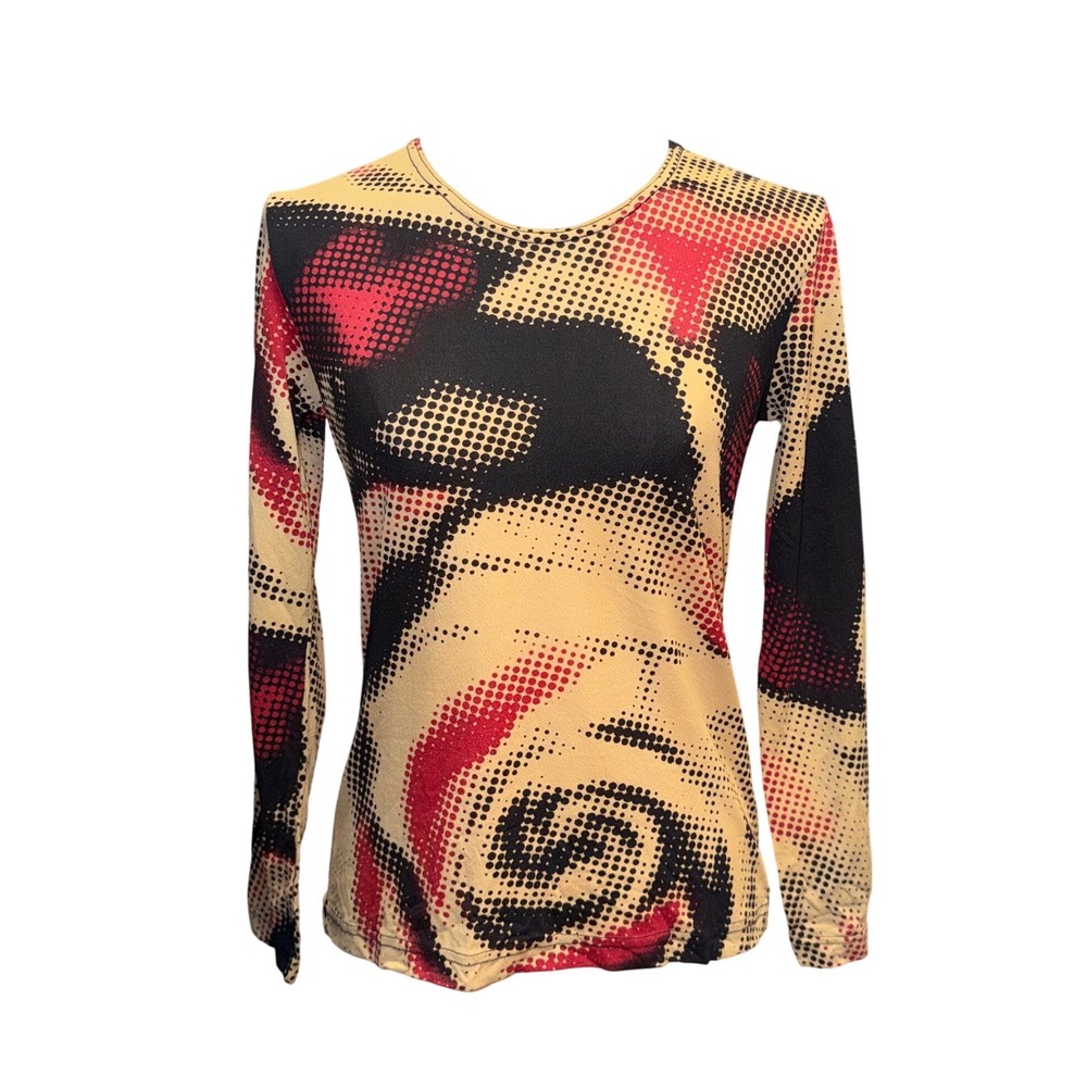 Chaloc Mesh Top Women 38 Tan Red Black Good Abstract Halftone Rose Long Sleeve